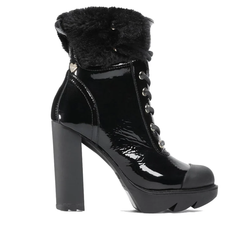Scarpe Donna LOVE MOSCHINO Stivaletti con Tacco in Pelle Lucida Nera e Dettaglio Eco Fur