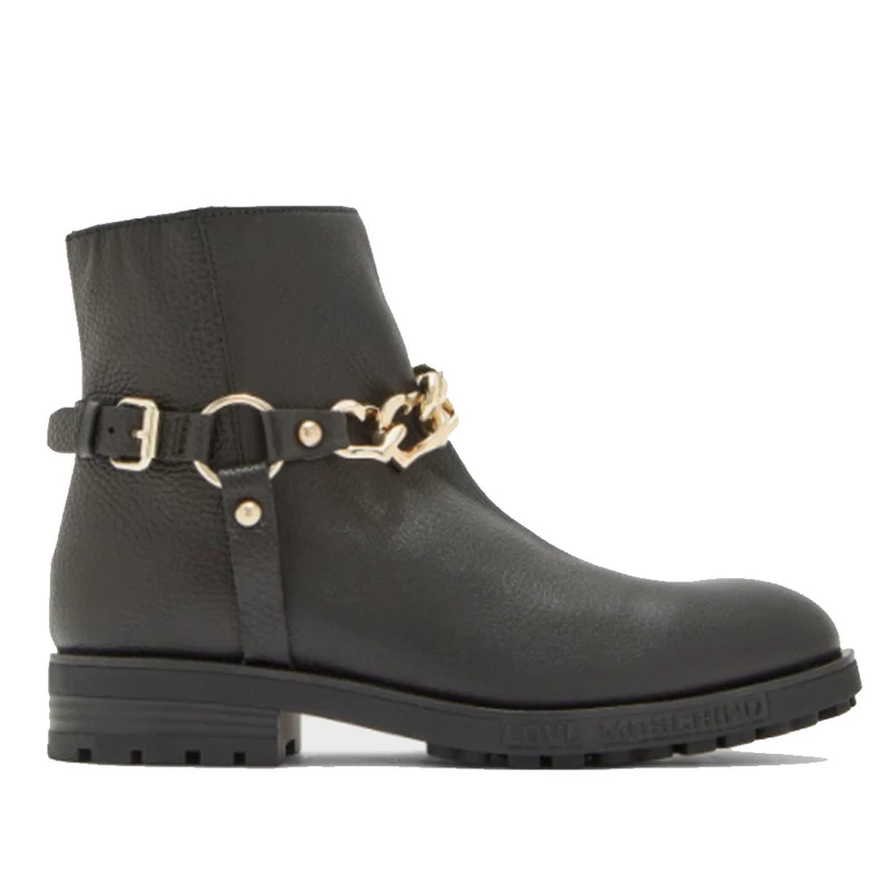 Scarpe Donna LOVE MOSCHINO Stivaletti in Pelle Nera con Catena con Cuori