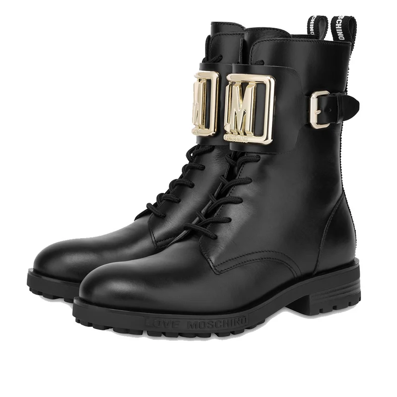 Scarpe Donna LOVE MOSCHINO Anfibi in Pelle Nera con Logo LM