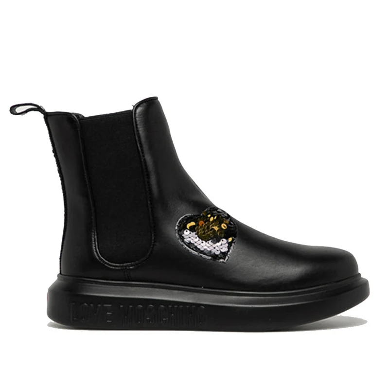 Scarpe Donna LOVE MOSCHINO Stivaletti in Pelle Nera linea Street Love con Paillettes