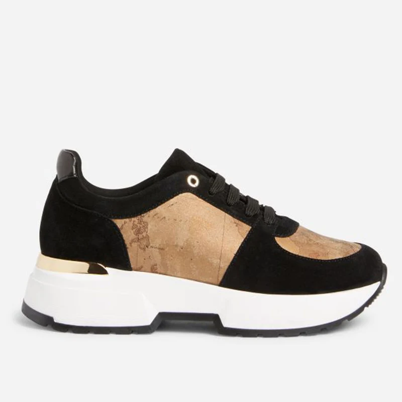 Scarpe Donna 1A Classe Alviero Martini Sneakers in Pelle Scamosciata Nera con Dettagli Geo Brinato A038